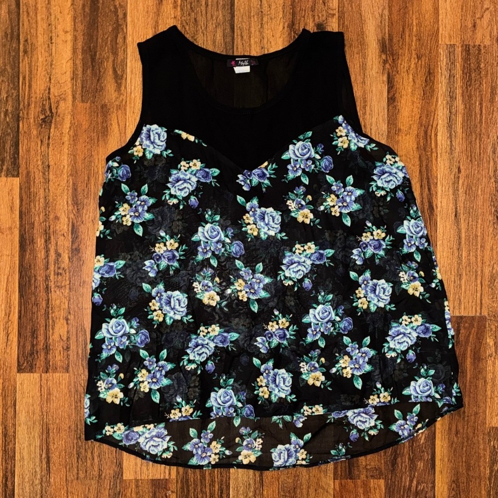 Myth Womens 2X Black Blue Floral Mesh Yoke High Low Sleeveless Blouse X-75935